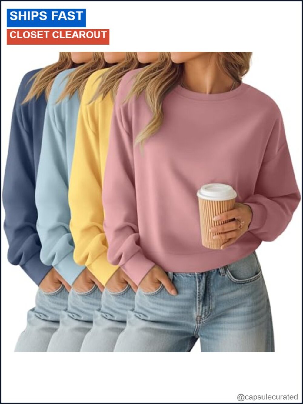 Womens Cropped Long Sleeve Sweatshirts Crew Neck Drop Shoulder 4 Pack
